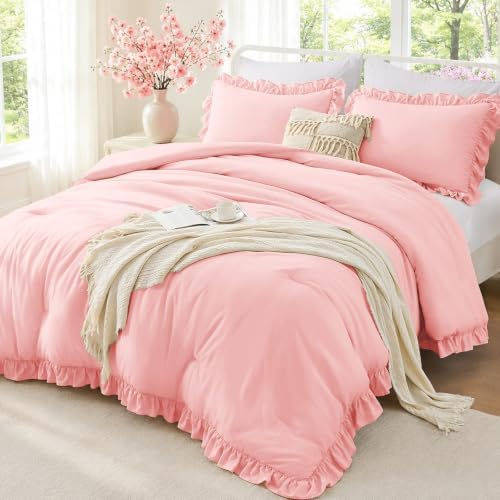 FUANNA Pink Queen Comforter Set, 3 Pieces Bedding Sets, Ruffle Bed Set