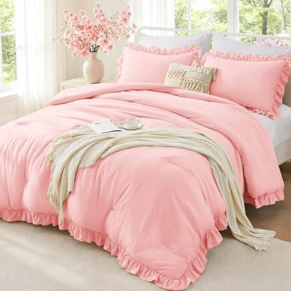 FUANNA Pink Queen Comforter Set, 3 Pieces Bedding Sets, Ruffle Bed Set