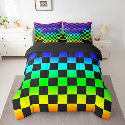 Multicolored Checkered Retro Comforter Set with Sheets 7 Piece Full Size Geometric Vintage Bed in a Bag Kids Boys Girls Colorful Bedding Set Modern Groovy Aesthetic Bedroom Decor Breathable Soft