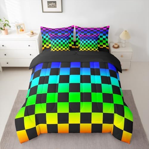 Multicolored Checkered Retro Comforter Set With Sheets 7 Piece Twin Size Geometric Vintage Bed in a Bag Kids Boys Girls Colorful Bedding Set Modern Groovy Aesthetic Bedroom Decor Breathable Soft