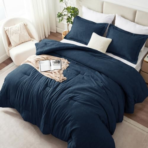 CozyLux Oversized Queen Comforter Set 98x98, Heathered Navy Blue, 3 Pieces