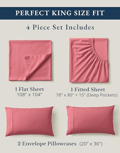 LANE LINEN King Sheets 100% Organic Cotton Soft 4pc Percale - Mineral Red