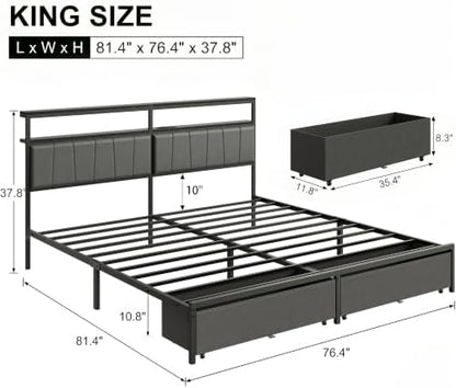 King Bed Frame with Storage Drawers and Charging Station, Grey
