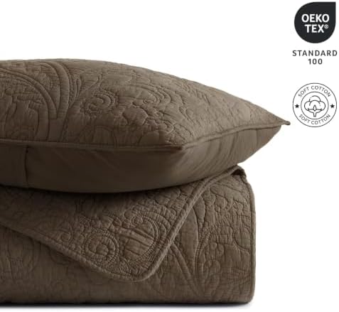 EVERGRACEHOME 100% Cotton Paisley Quilt Set, King Size, Cocoa Brown