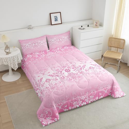 Feelyou Pink Gothic Damask Floral Comforter Set Queen Size Bedding Set