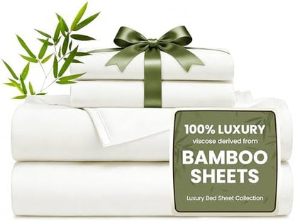 Love's cabin 4 Piece California King Size Sheet Set, 100% Rayon Derived from Bamboo, Cooling & Breathable, Soft Silky Deep Pocket up to 16", Hotel Luxury Bedding for Hot Sleepers, White