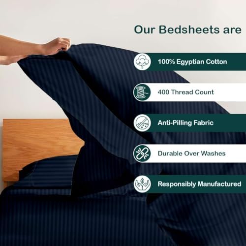 NON Sticky cotton Full 4 Piece Sheet Set, 100% Long Staple Cotton, Soft Cooling Hotel Luxury Bedding Sheets, Deep Pocket Fits 10" to 18" Mattress, 54" x 75", Navy Blue Stripe