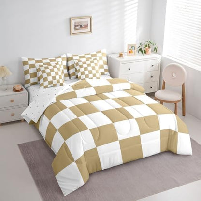 jejeloiu Light Brown Bedding Set 7Pcs Full Size Kids Checkered Grid Comforter Set with Sheets for Boys Girls Classic Plaid Buffalo Check Bed in a Bag Soft Lightweight,Microfiber
