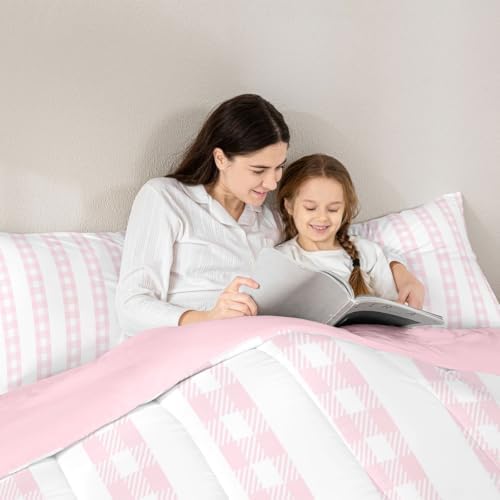 jejeloiu Pink Plaid Comforter Set Full Size Stripes Bedding Set for Kids Boys Girls Check Checkered Duvet Quilt Grid Geometric Bedroom Decor Microfiber 3 Pcs with 2 Pillow Cases