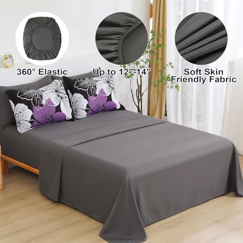 Luxudecor Floral Comforter Set Queen Size, 7 Pieces Bed in a Bag Purple Floral Comforter and Sheet Set, Soft Microfiber Complete Bedding Sets for All Seasons