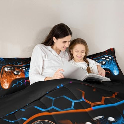 Honeycomb Gamer Kids Comforter Sets Boy Orange Blue Neon Lights Game Console Toddler Bedding Sets for Boys Ombre Art Geometric Hexagon Beehive Quilt Set Gaming Decor for Boys Bedroom Decor
