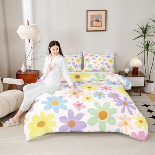 jejeloiu Cute Flower Kids Comforter Set King Size Cartoon Floral Bedding Set Kawaii Duvet Quilt for Kids Boys Girls Bedroom Blossom Flowers Pattern Decor Microfiber Ultra Soft Breathable