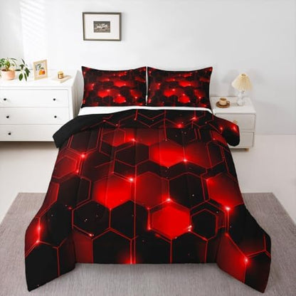 Feelyou Honeycomb Bedding Set Queen Size, Beehive Geometric Black Red Comforter Set Geometrical Comforter for Kids Boys Girls Teens Geometric Honeycomb Duvet Set Durable Quilt Set Queen Size