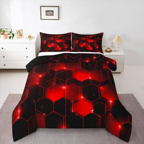 Feelyou Honeycomb Bedding Set Full Size, Beehive Geometric Black Red Comforter Set Geometrical Comforter for Kids Boys Girls Teens Geometric Honeycomb Duvet Set Durable Quilt Set Full Size