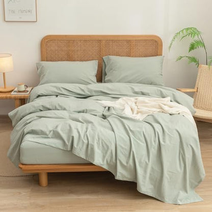 BESTOUCH King Washed Cotton Linen Feel Sheet Set 4 Pcs Sage Green