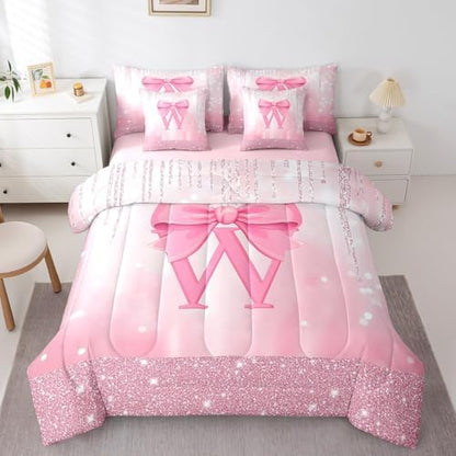 Feelyou Boys Girls Pink Bowknot Comforter Set with Sheets King Size, Personalized Initial W 7 Pieces Bedding Set Princess Glitter Bed in A Bag Kids Bow Monogrammed Teens Bed Set Bedroom Decor 7Pcs