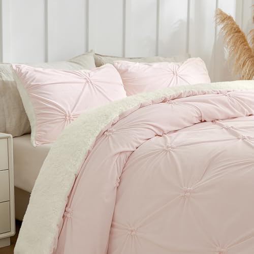 BEDELITE Fluffy Sherpa Queen Comforter Set,Pintuck-Pink