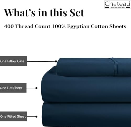 Twin Bed Sheets Set, 400 Thread Count 15" Deep Pocket Cotton Sheets - Navy