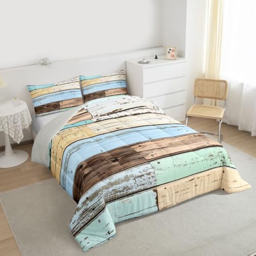 jejeloiu Colorful Wood Grain Comforter Set All Season Retro Farmhouse Bedding Set with 1 Pillow Cases Modern Abstract Microfiber Kids Twin Bedclothes Rustic Cabin Country Bedroom Decor Duvet Quilt