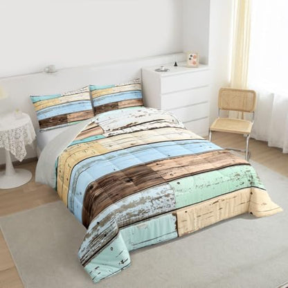 jejeloiu Colorful Wood Grain Comforter Set All Season Retro Farmhouse Bedding Set with 1 Pillow Cases Modern Abstract Microfiber Kids Twin Bedclothes Rustic Cabin Country Bedroom Decor Duvet Quilt