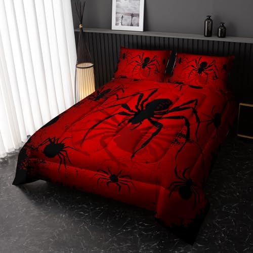 Nttopship Boys Spider Printed Comforter Set Bed in A Bag King Size 3PCS Red Bedding Set Cool Black Spider Quilt Set Girls Boys Kids Comforter Bedding Set with 2 Pillowcases