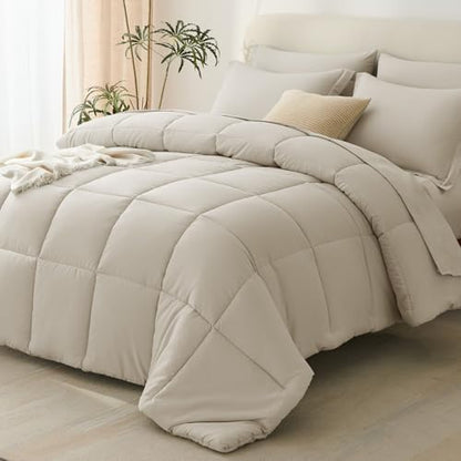 CozyLux King Size Comforter Set, 7-Piece Bed in a Bag, Oatmeal