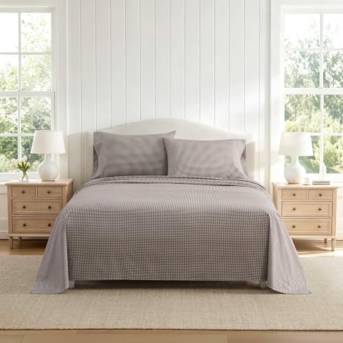 Martha Stewart - King Sheet Set with Fitted Sheet & Pillowcases, Cotton Percale Bedding with a Smooth Feel, Deep Pocket, Gingham Brown