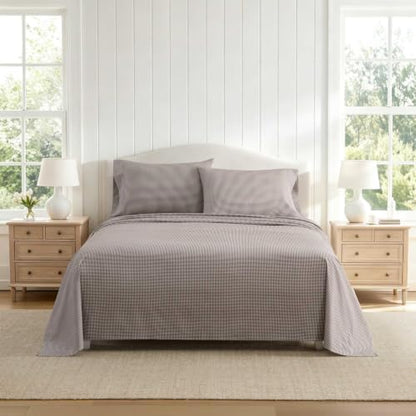 Martha Stewart - King Sheet Set with Fitted Sheet & Pillowcases, Cotton Percale Bedding with a Smooth Feel, Deep Pocket, Gingham Brown