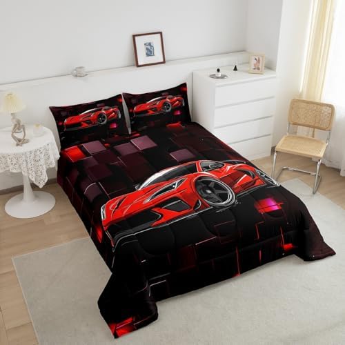 Erosebridal Racing Car Comforter Set Toddler Red Sports Car Bedding Set for Boys Speed Extreme Sports Theme Down Comforter Car Racing Quilt Black Red Geometric Square Duvet Insert 2Pcs Bedding Decor