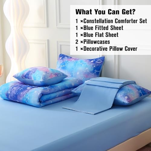 JQinHome Twin Gradient Galaxy Comforter Set for Girls,6 Piece Bed in A Bag 3D Colorful Tie Dye Constellation Print Ombre Bedding Set with Sheets(Blue)