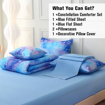 JQinHome Twin Gradient Galaxy Comforter Set for Girls,6 Piece Bed in A Bag 3D Colorful Tie Dye Constellation Print Ombre Bedding Set with Sheets(Blue)