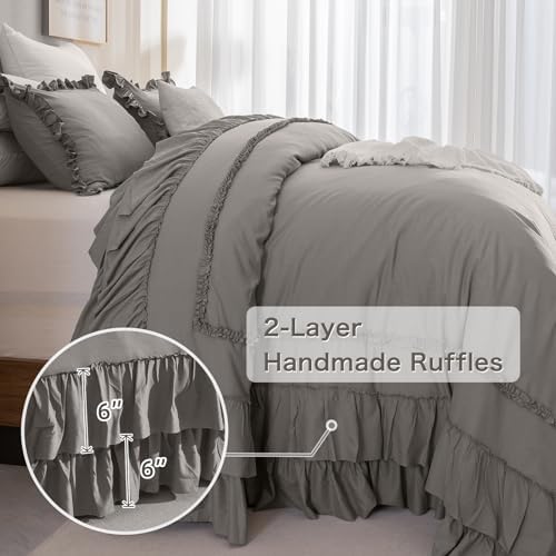 Masaca Grey Oversized King Comforter 120x120,Farmhouse Shabby Boho Chic Gray Ruffled California King Comforter Oversized,Vintage French Country Bedding Comforter with Ruffles for All Season