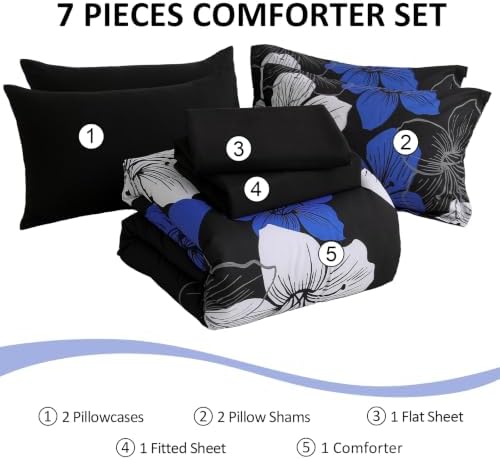 Blue King Size Comforter Set, 7 Pieces Floral on Black Bed in a Bag