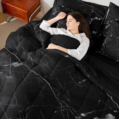 Erosebridal Black Grey Marble King Bedding Set 7 Piece Gray Marbling Crack Bed in A Bag with Sheets Simple Modern Comforter Set for Kids Adults,Aesthetics Marbling Bed Sets