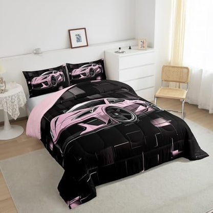 Erosebridal Girls Race Car Bedding Set Twin Size Pink Racing Car Comforter Set 2 Pieces Pink and Black Checkered Bedding Comforter Sets Abstract Down Comforter Room Home Decor