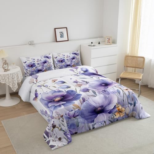 jejeloiu Purple Floral Flower Comforter Set Full Size Kids Wildflower Bedding Set for Boys Girls Teens Botanical Duvet Breathable Blossom Plant Quilt Bedroom Decor,1 Comforter with 2 Pillowcase