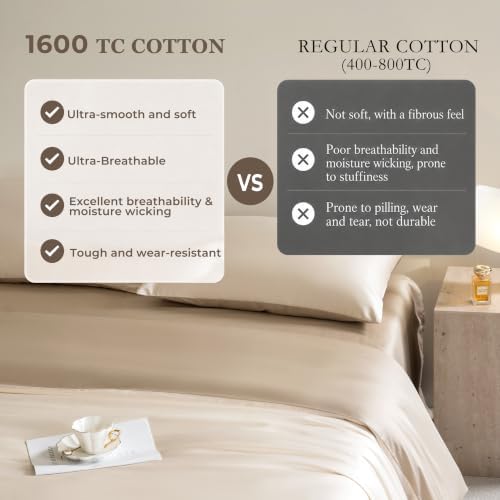 Full Size Duvet Cover, 100% Egyptian Cotton,1600 Thread Count, Reversible Duvet Cover, Soft and Breathable Satin Bedding Set, All Seasons (Heather Oat Beige, 80"x90")