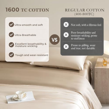 Twin Size Duvet Cover, 100% Egyptian Cotton,1600 Thread Count, Reversible Duvet Cover, Soft and Breathable Satin Bedding Set, All Seasons (Heather Oat Beige, 68"x90")