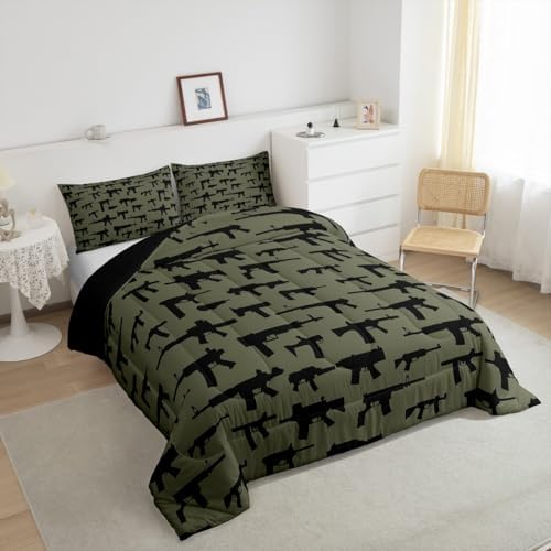 Erosebridal Machine Guns Comforter Set for Boys Youth Teens Men King Size,Military Theme Bedding Set,Army Rifle Pattern Bedding Comforter,Soft Luxury Quilted Duvet Set Bedroom Decor Army Green 3 Pcs