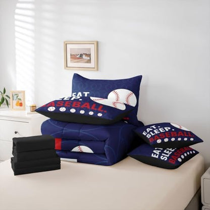 Erosebridal Kids Baseball Games Navy Blue Full Comforter Set 7 Pieces | Softball Sports Gaming Bed in A Bag for Bedroom White Red Bedding Set with Comforters Boys Girls Teens Room Decor