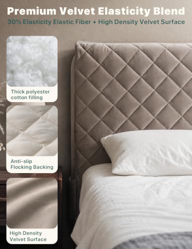 Velvet Bed Headboard Cover Slipcover - Stretch Quilted & Thicken Dustproof Protector for Queen/King, Washable Decorative Headboard Cover for Bedroom (Khaki, 75x27.5 inch)