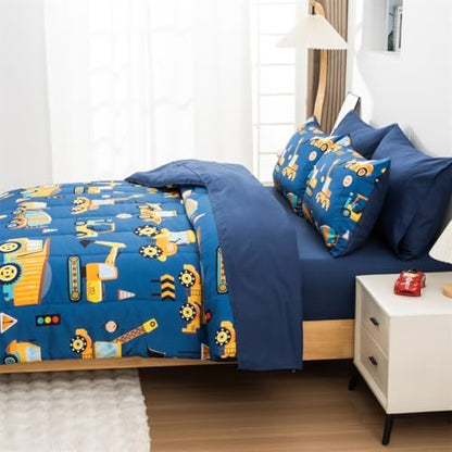 NTBED 5 Pieces Construction Truck Twin Comforter Set for Boys Kids Bed in a Bag Vehicles Excavator Lightweight Microfiber Bedding Sets,Blue
