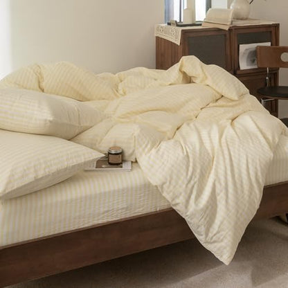 FOSSA Striped Duvet Cover Set 100% Washed Cotton Linen Feel Oversized Queen