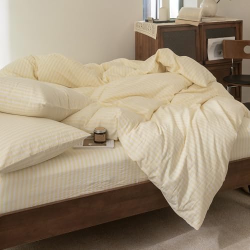 FOSSA Striped Duvet Cover Set 100% Washed Cotton Linen Feel Super King