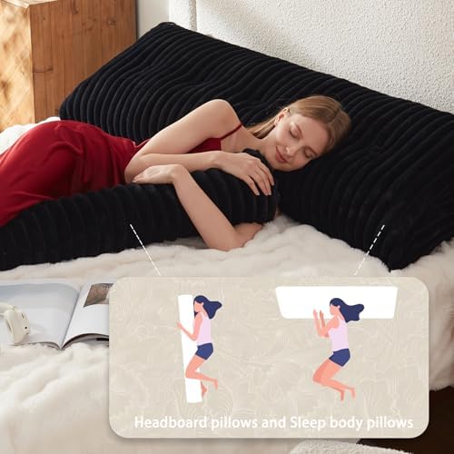 Headboard Pillow + A Long Neck Roll Pillow Body Pillow，Faux Fur Headboard Wedge Pillow with Removable Cover (Black, Twin：39x8x20 inches)