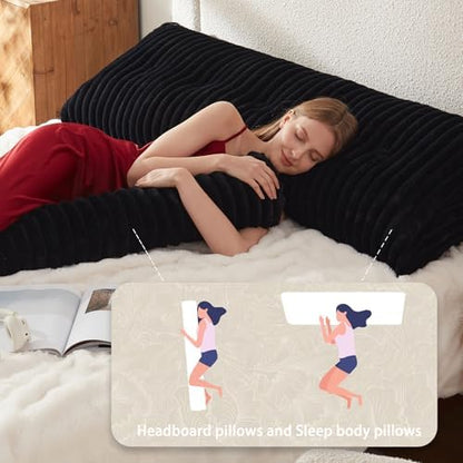 Headboard Pillow + A Long Neck Roll Pillow Body Pillow，Faux Fur Headboard Wedge Pillow with Removable Cover (Black, Twin：39x8x20 inches)
