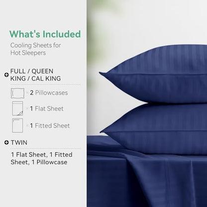 Cooling Sheets Set Twin Size, Viscose Derived from Bamboo for Hot Sleepers, Double Stitching, Deep Pocket to 15 Inch, Silky Soft and Breathable Bedding, 3PC (Twin, Jacquard Navy)