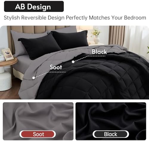 MUXHOMO 7 Pieces Oversized King Comforter Set, Reversible Bed in a Bag Oversized King Size, All Season Bedding Set with Comforter, Flat Sheet, Fitted Sheet, Pillowcases & Shams, Black & Soot