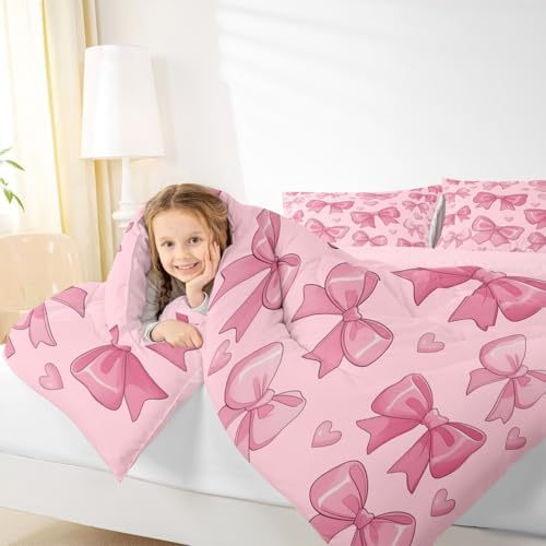 jejeloiu Pink Bow Comforter Set All Season Bowknot Bedding Set with 2 Pillow Cases Bow-tie Microfiber Kids King Bedclothes Colourful Bowknot Bedroom Decor Duvet Quilt Breathable Soft Lightweight