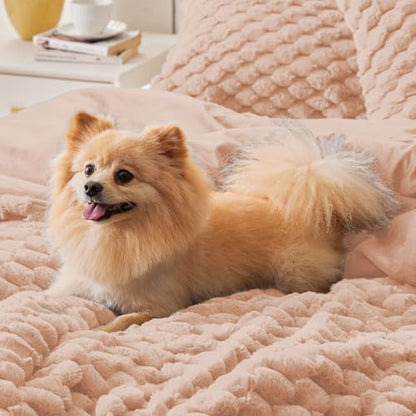 BEDELITE Fluffy King Size Comforter Set, Coral Pink Fleece Bed Set 3 Pieces